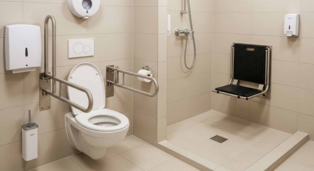 Accessible bathroom with wall-mounted toilet, stainless steel grab bars, shower area with foldable seat, and soap dispensers