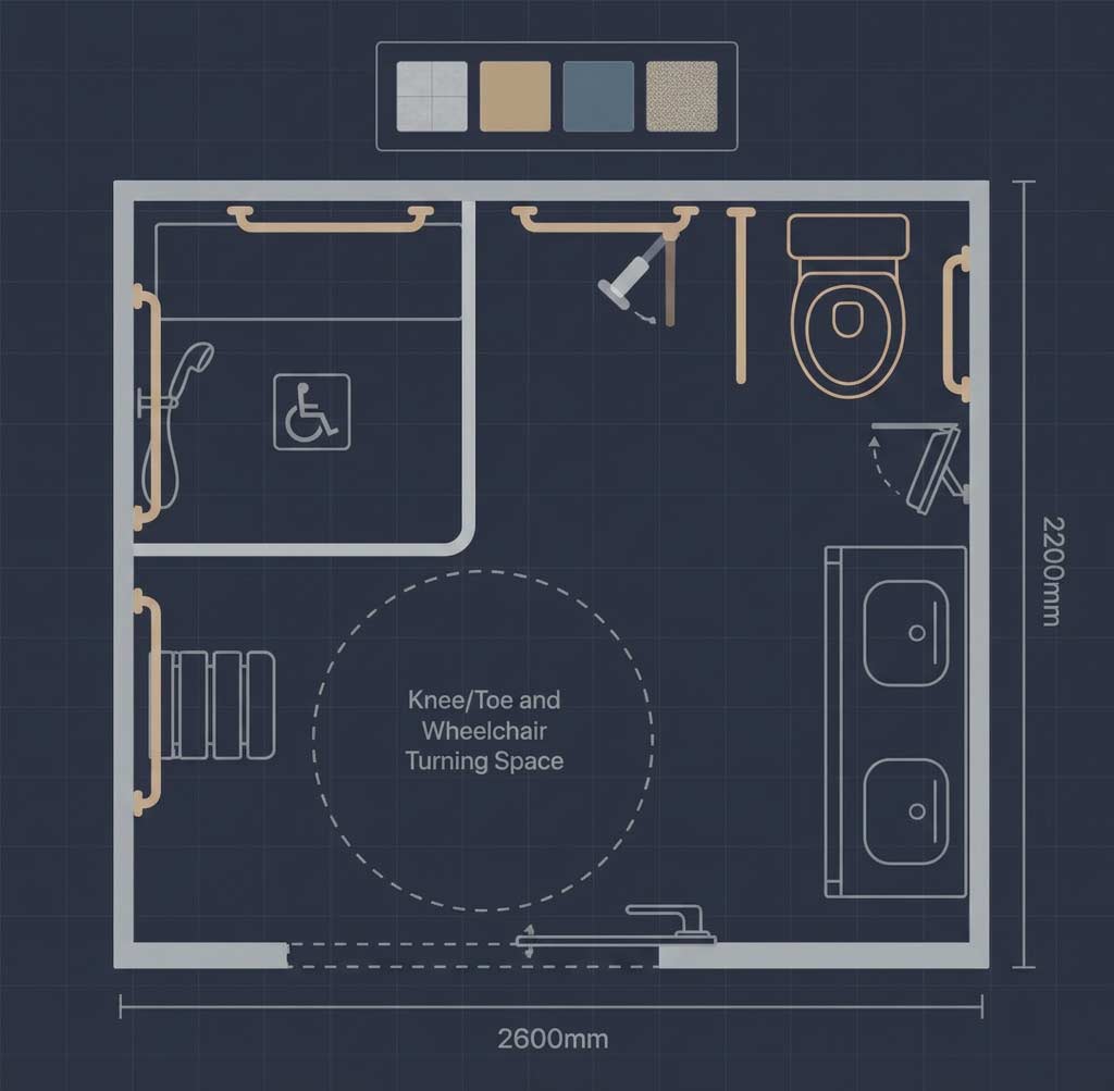 Blueprint floor plan of an accessible bathroom with wheelchair turning space, shower, toilet, and double sink