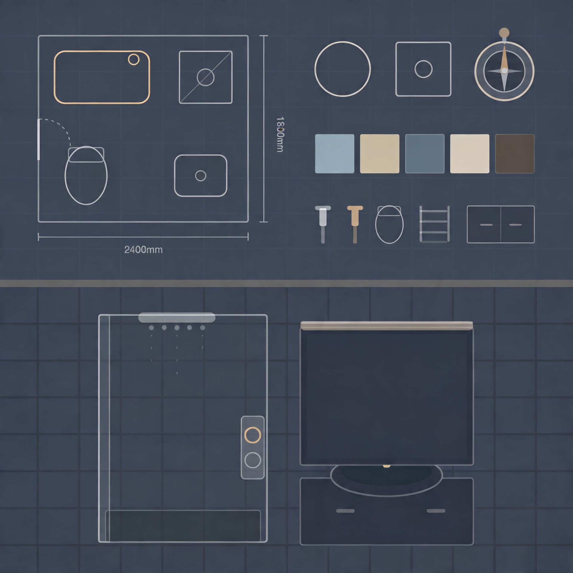Blueprint layout of a 2400mm by 1800mm bathroom with fixtures, color swatches, and furniture design elements on a dark grid background
