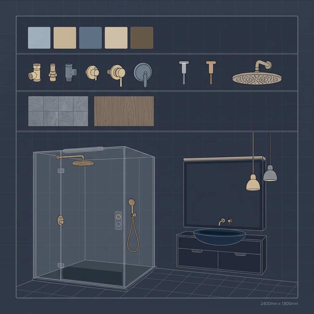 Modern bathroom design with glass shower enclosure, brass fixtures, blue vessel sink, pendant lights, and tile and wood material samples