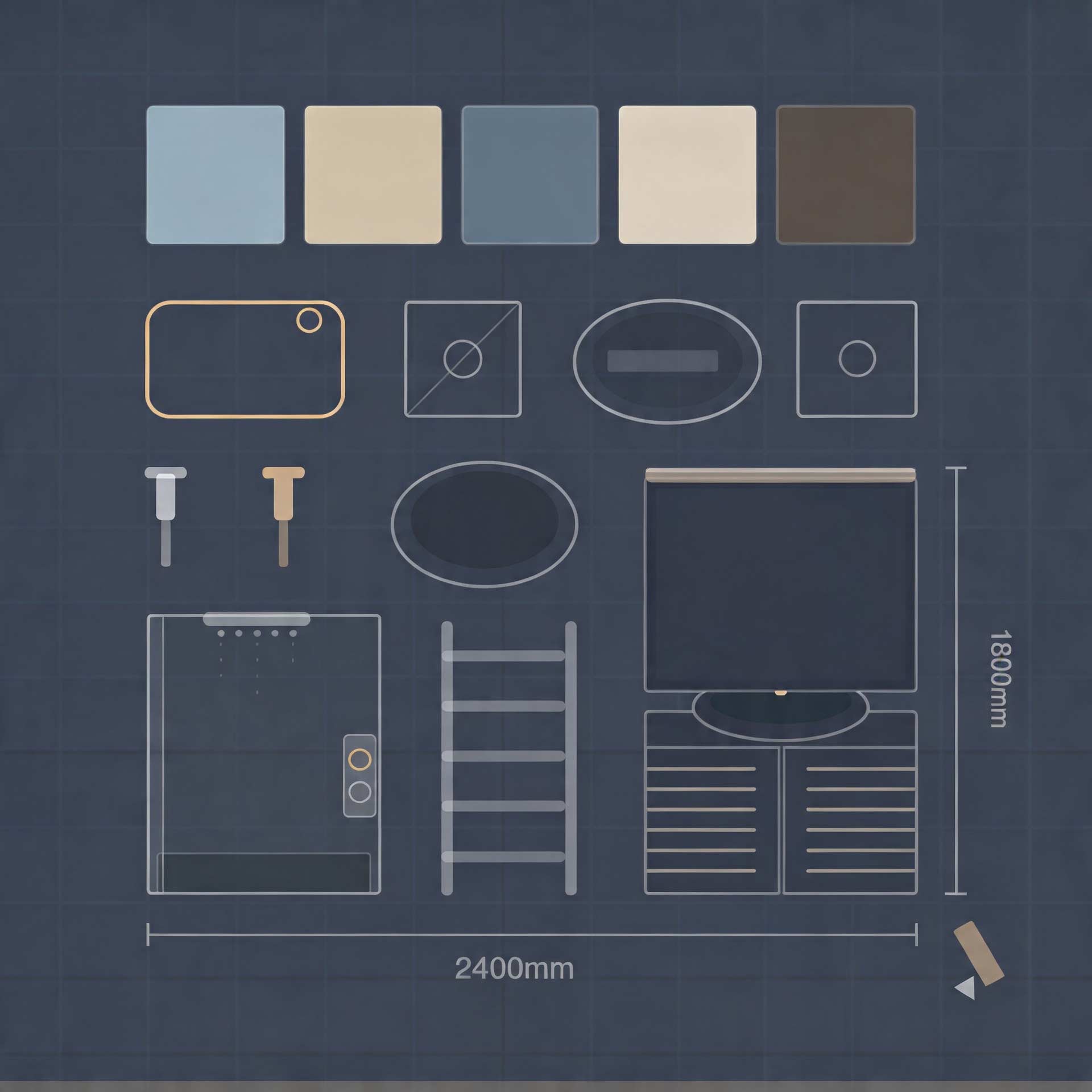 Blueprint layout of a sauna cabin with interior dimensions, components, and color swatches on a dark grid background
